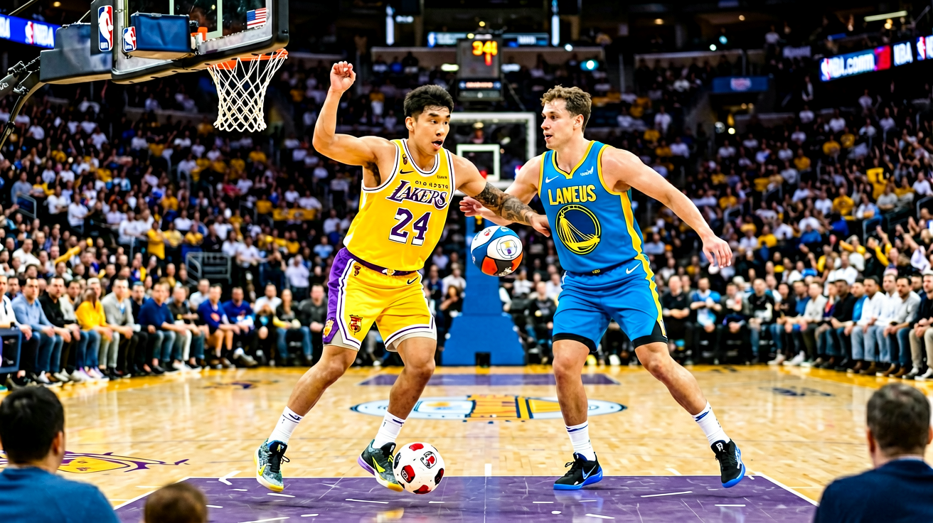 NBA常规赛湖人队对阵勇士队的精彩对抗画面